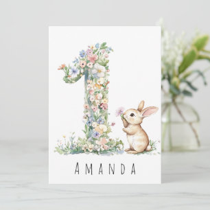 Carte de premier anniversaire avec fleurs et lapin