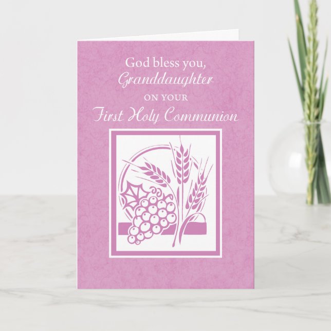 Carte de première communion de petite fille, rose (Devant)