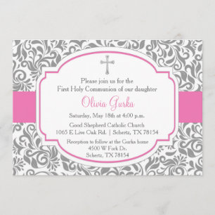 Carte de première communion des filles roses Damas