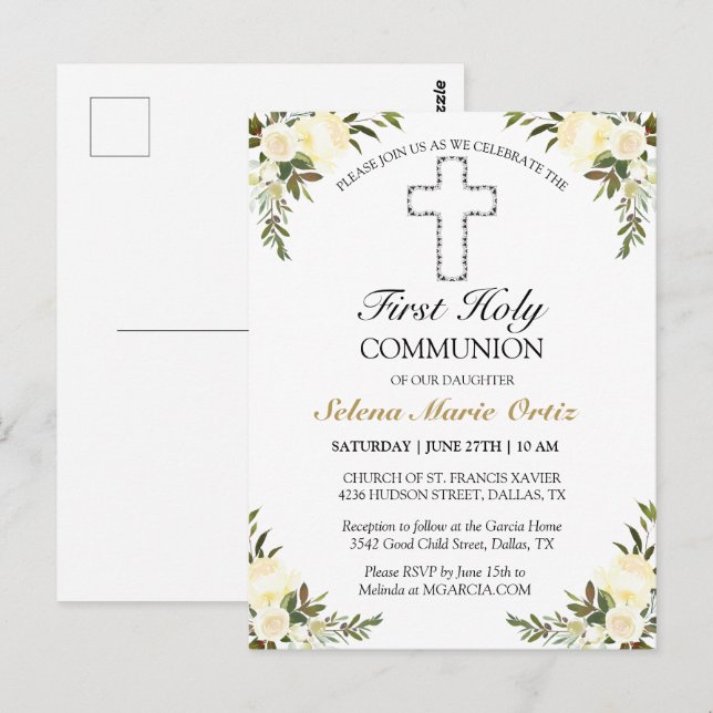 Carte de première communion élégante avec motif fl (Devant / Derrière)