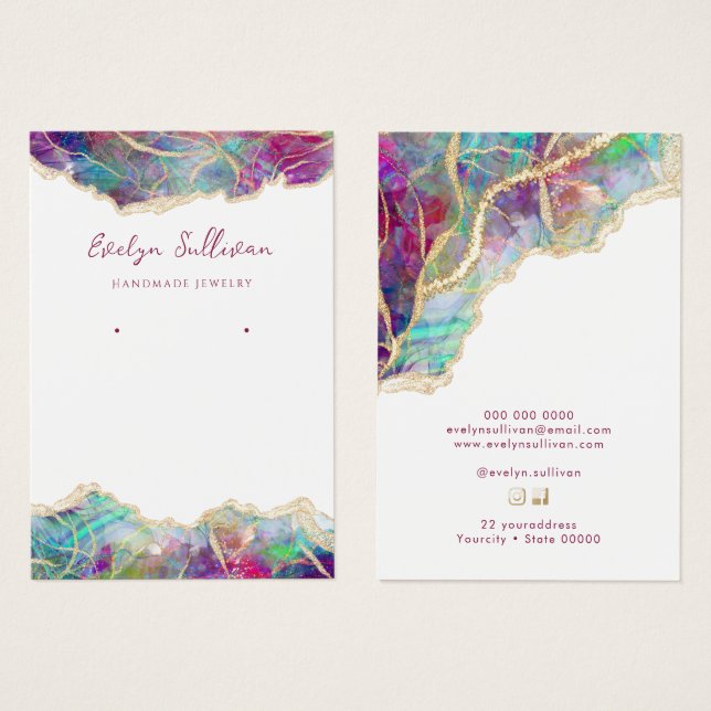 Carte de présentation de bijoux opale Fuchsia aqua (Devant & derrière)