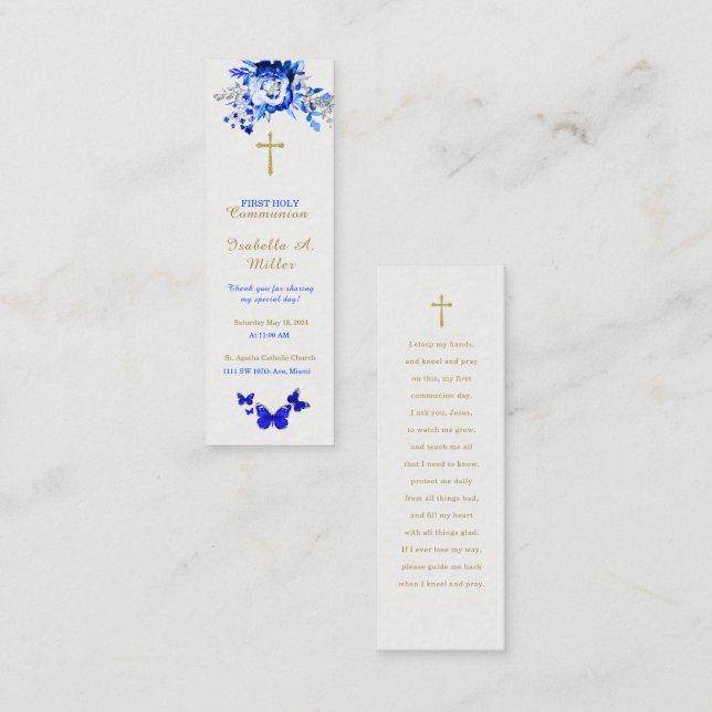 Carte de prière bleue Première communion personnal (Devant / Derrière)
