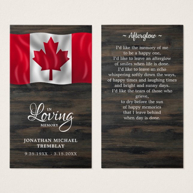 Carte de prière commémorative du drapeau du Canada (Devant & derrière)
