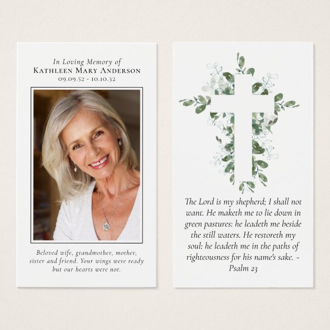 Carte de prière commémorative Eucalyptus Cross (Devant & derrière)