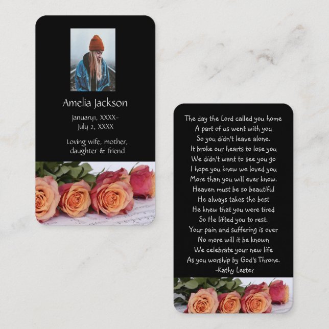 Carte de prière commémorative Roses Jardin Fleurs (Devant / Derrière)