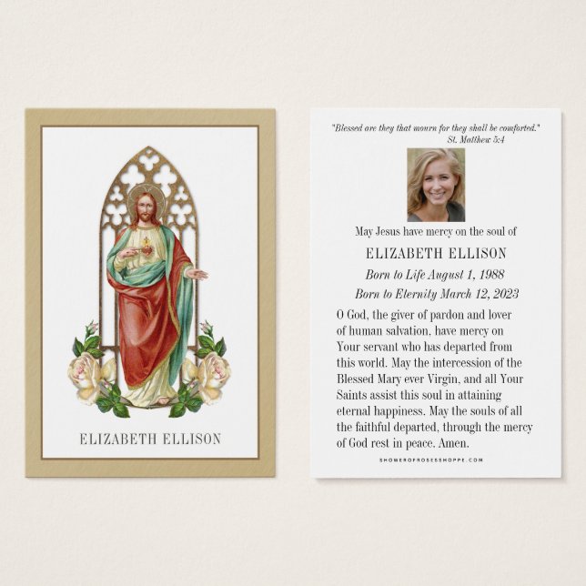 Carte de prière commémorative Sacré-Coeur Jésus (Devant & derrière)
