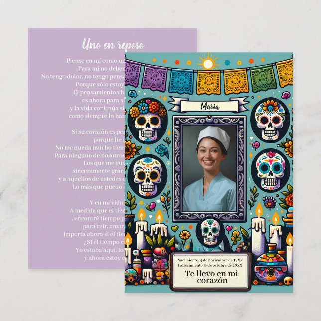 Carte de prière espagnole dia de los muertos (Devant / Derrière)