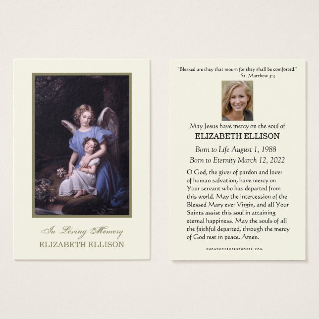Carte de prière funéraire Angel Guardian catholiqu (Devant & derrière)