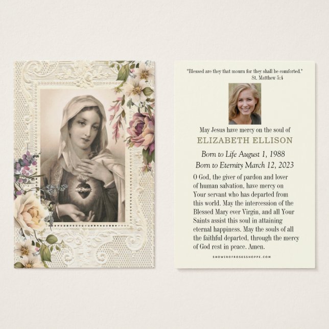 Carte de prière funéraire catholique Vierge floral (Devant & derrière)
