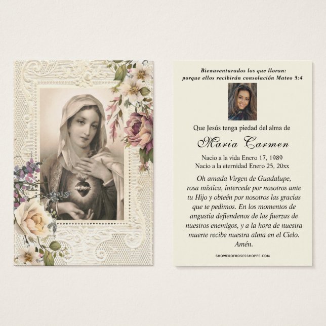 Carte de prière funéraire de la Vierge espagnole (Devant & derrière)