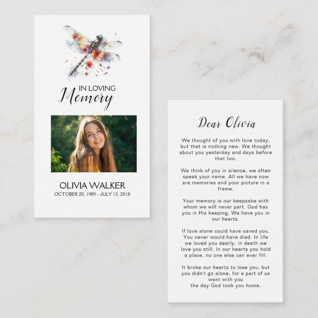 Carte de prière funéraire Dragonfly Memorial Poem (Devant / Derrière)