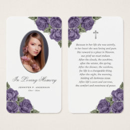Carte de prière funéraire Floral violet argenté