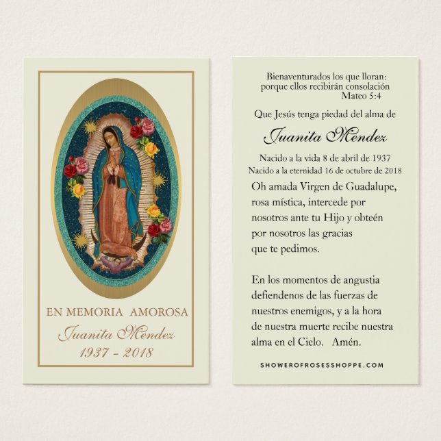 Carte de prière funéraire Rose Vierge espagnole (Devant & derrière)