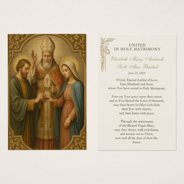 Carte de prière Mariage catholique Betrothal (Devant & derrière)