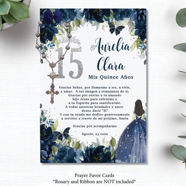 Carte de prière Marine Blue Floral Silver Quinceañ (Créateur téléchargé)