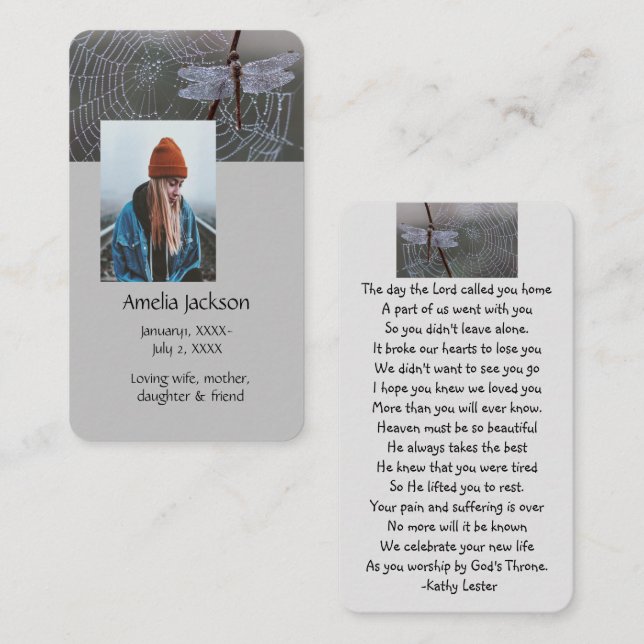 Carte de prière Memorial Dragonfly Dewdrops (Devant / Derrière)