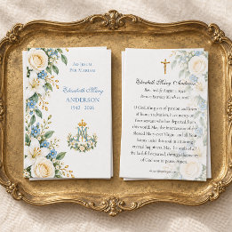 Carte de prière mémorielle catholique florale bleu