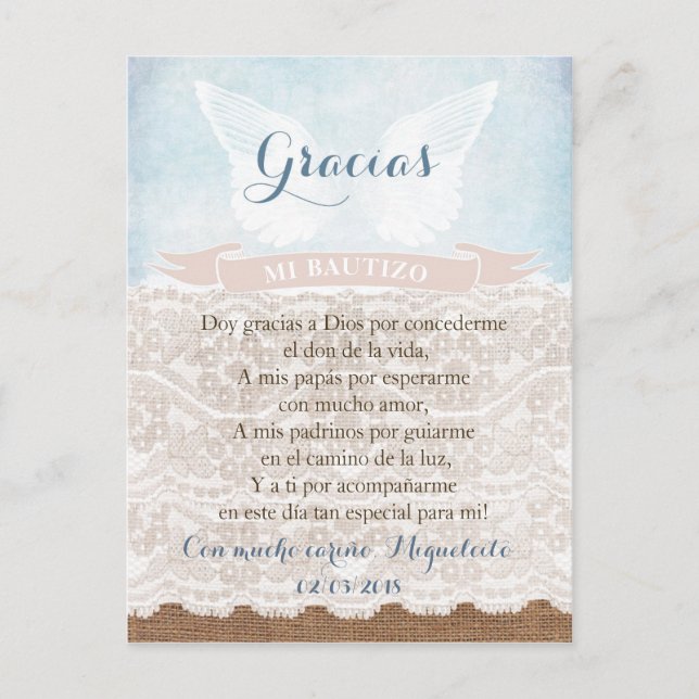 Carte de prière Merci en espagnol, baptême garçon (Devant)