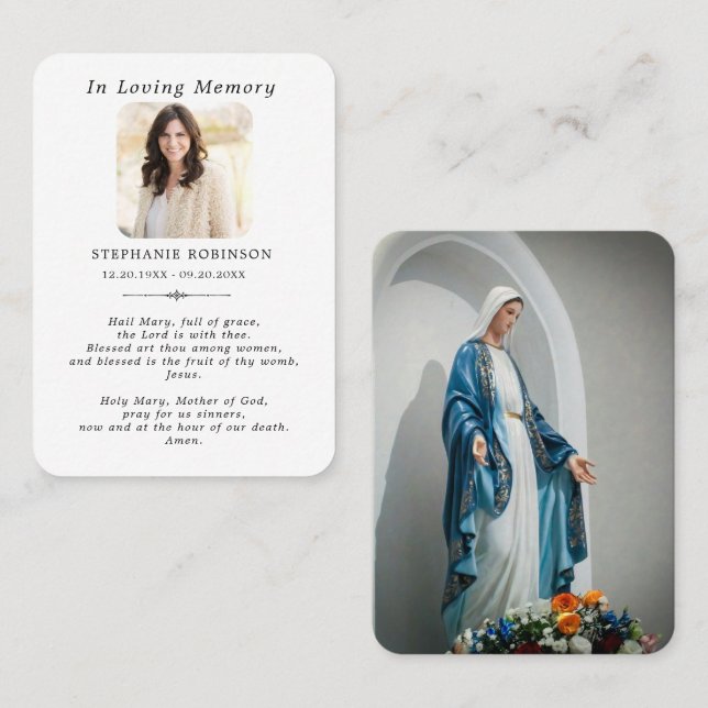 Carte de prière religieuse catholique Vierge Marie (Devant / Derrière)