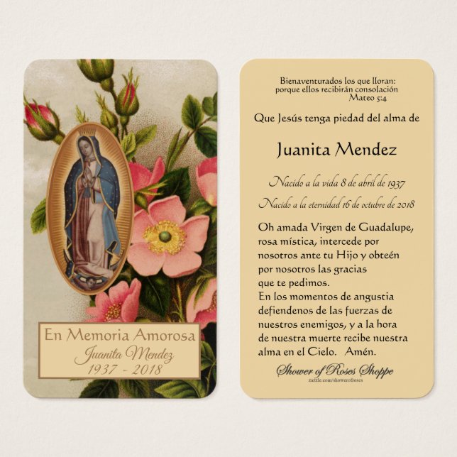 Carte de prière religieuse Guadalupe Marie (Devant & derrière)