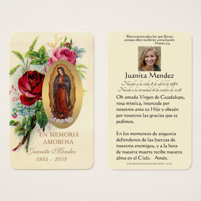 Carte de prière religieuse Rose Vierge espagnole (Devant & derrière)