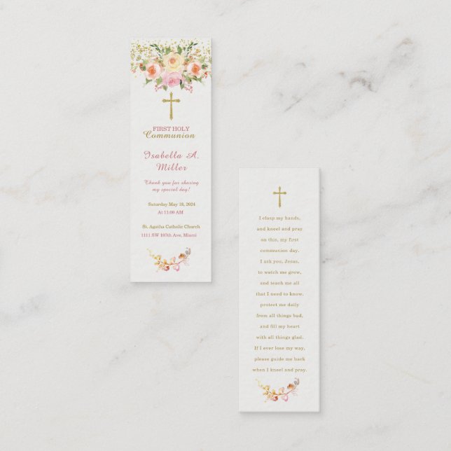 Carte de prière rose de première communion personn (Devant / Derrière)