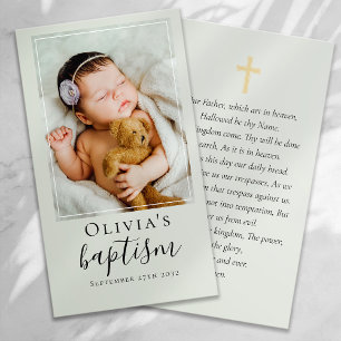Carte de prière Sage Green Baptism Photo Keepsaké