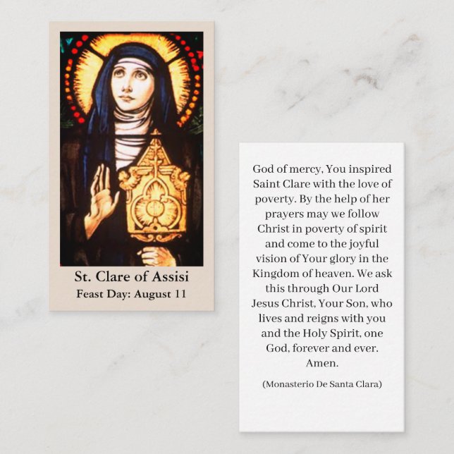 Carte de prière St Clare d'Assisi (Devant / Derrière)