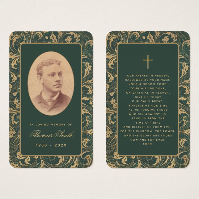 Carte de prière verte de mémorial funéraire élégan (Devant & derrière)