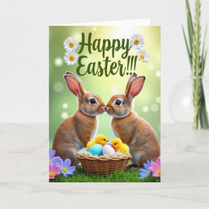 Carte de printemps avec panier tressé de lapin