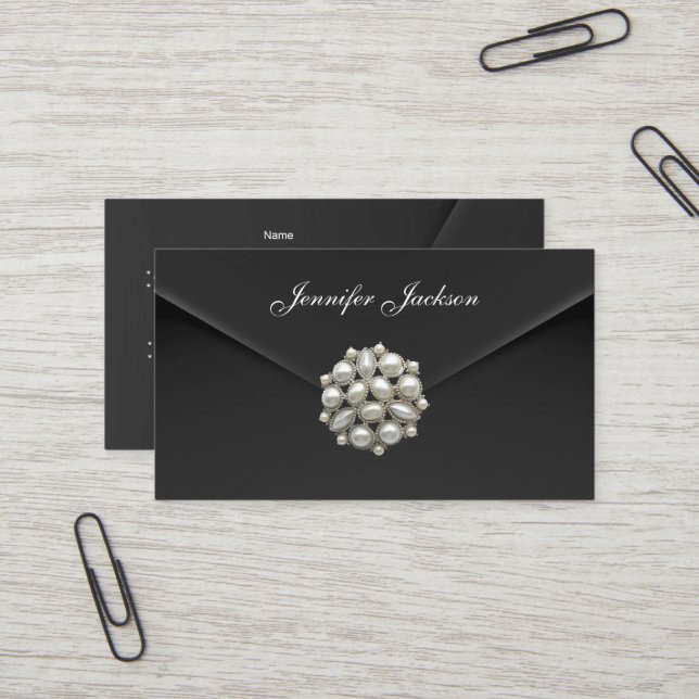 Carte de profil Business Black Velvet Pearl Jewel (Devant/Arrière en situation)