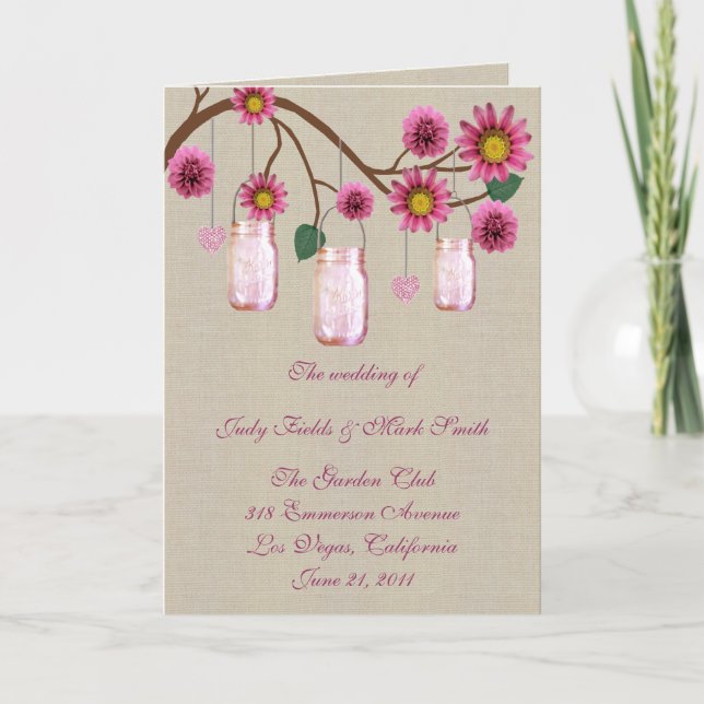 Carte de programme Burlap Rustique Pink Mason Jars (Devant)