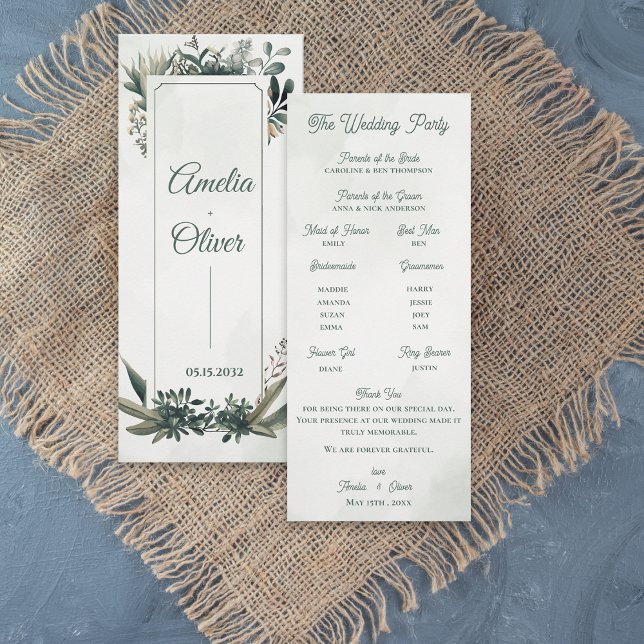 Carte de programme de cérémonie de mariage à la ve (Elegant Botanical Greenery Wedding Program Card | Sage Green Foliage Ceremony Program)