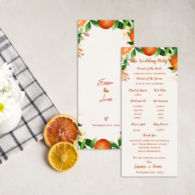 Carte de programme de cérémonie de mariage orange (Order of Ceremony Orange Wedding Program Card)