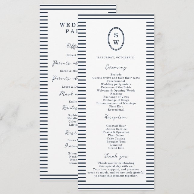 Carte de programme de mariage classique à rayures  (Devant / Derrière)