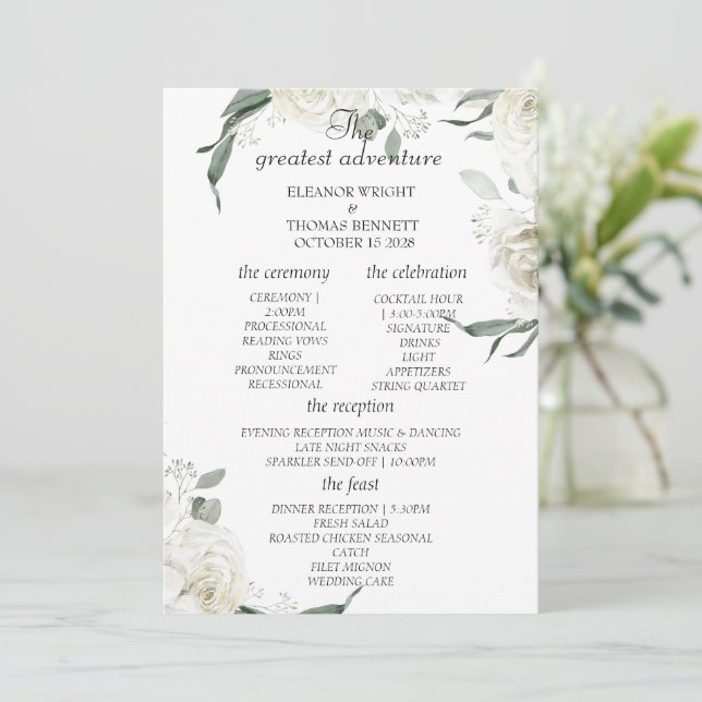 Carte de Programme de Mariage Élégante à Fleurs Bl (Debout devant)
