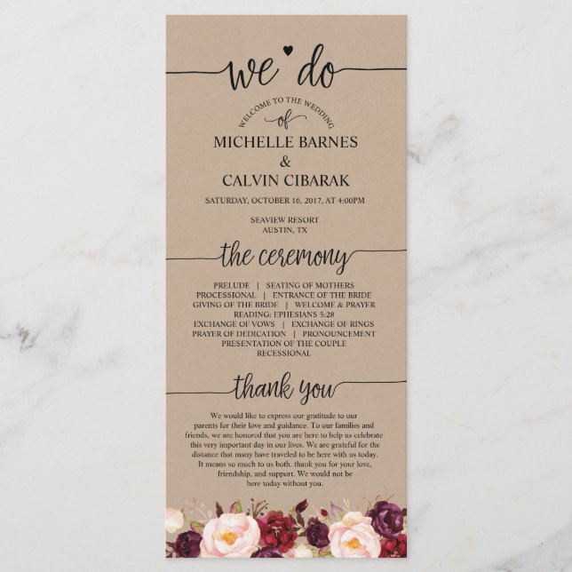 Carte de programme de mariage en calligraphie rust (Devant)