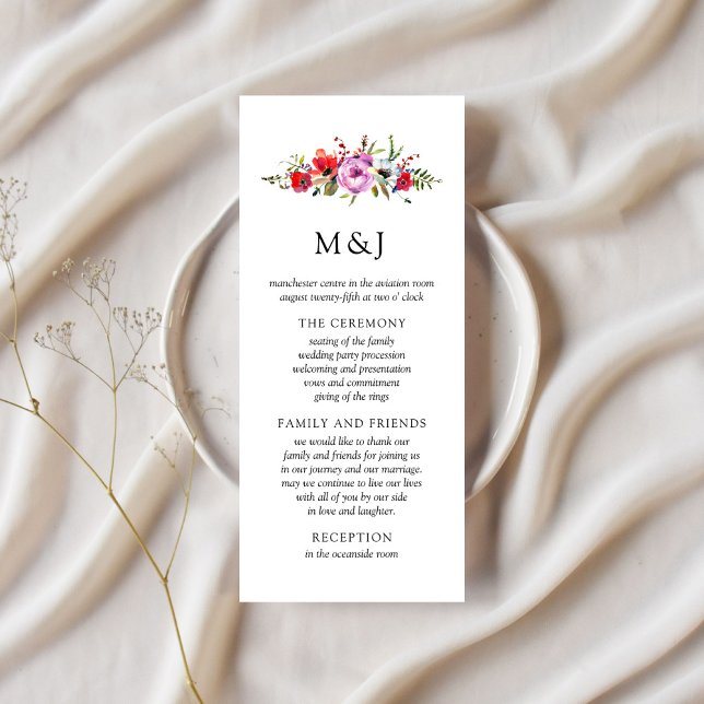 Carte de programme de mariage Fleurs sauvages et R (Créateur téléchargé)