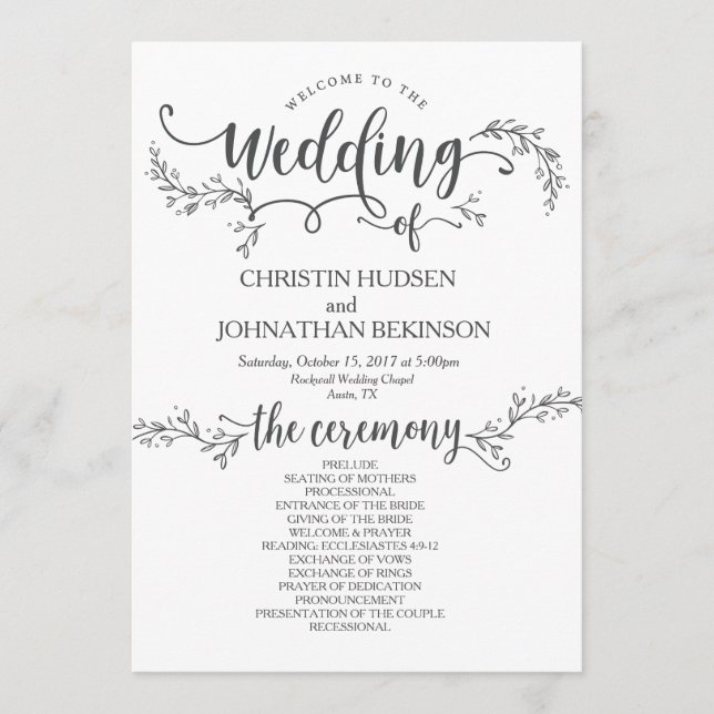 Carte de programme de mariage floral rustique 5x7  (Devant)