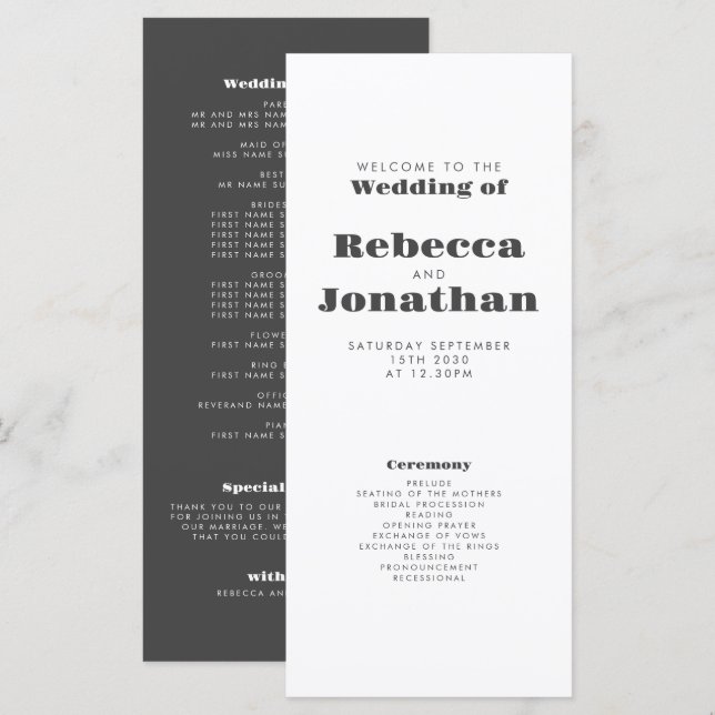 Carte de programme de mariage minimal en typograph (Devant / Derrière)