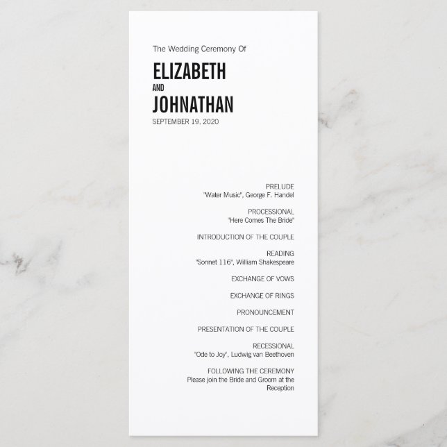 Carte de programme de mariage pour typographie sim (Devant)