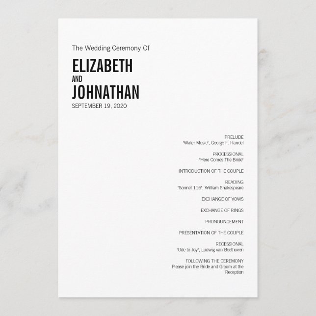 Carte de programme de mariage pour typographie sim (Devant)