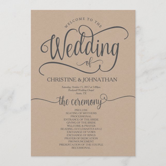 Carte de programme de mariage rustique 5x7 calligr (Devant)