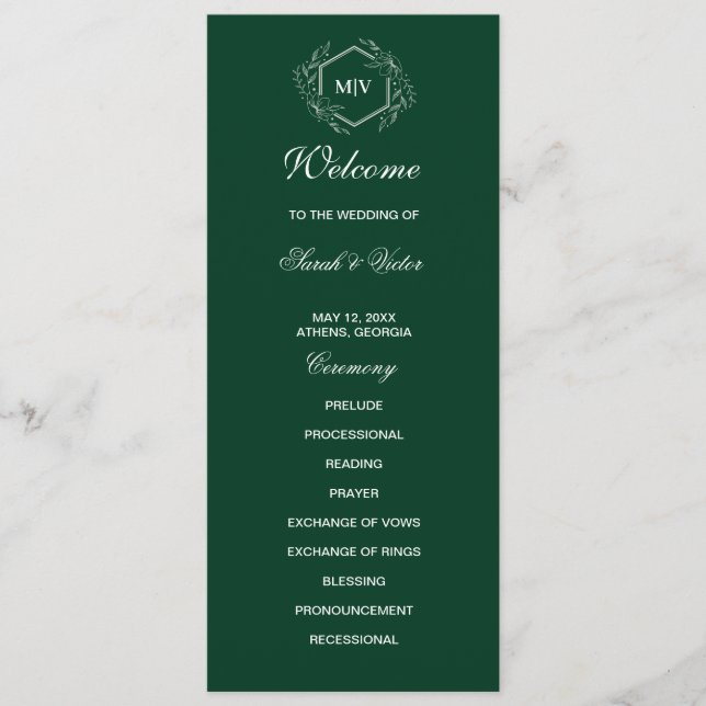Carte de programme double côté Emerald Green Monog (Devant)