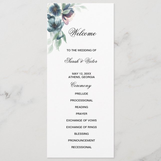 Carte de programme double côté pour les fleurs d'e (Devant)