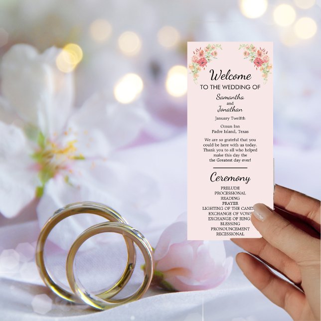 Carte de programme Fleurs d'aquarelle rose Boho (Créateur téléchargé)