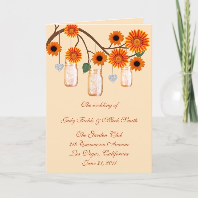 Carte de Programme Fleurs Orange en Pots Mason (Devant)
