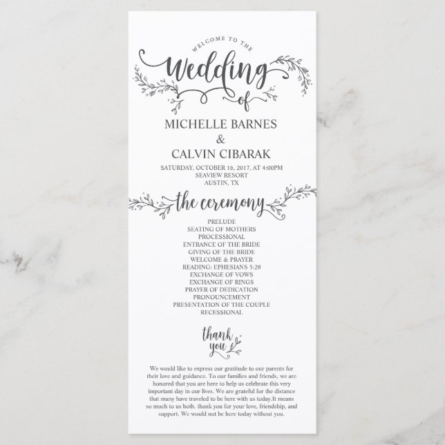 Carte de programme Mariage rustique dans la concep (Devant)
