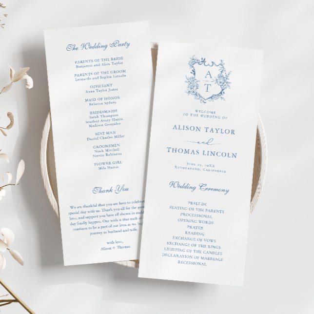 Carte de programme Monogram Crest Vibrant Blue Wed (Créateur téléchargé)