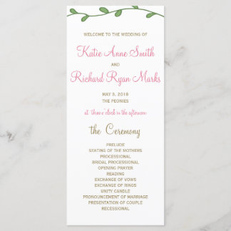 Carte de programme Peony Floral Ordre de service/m
